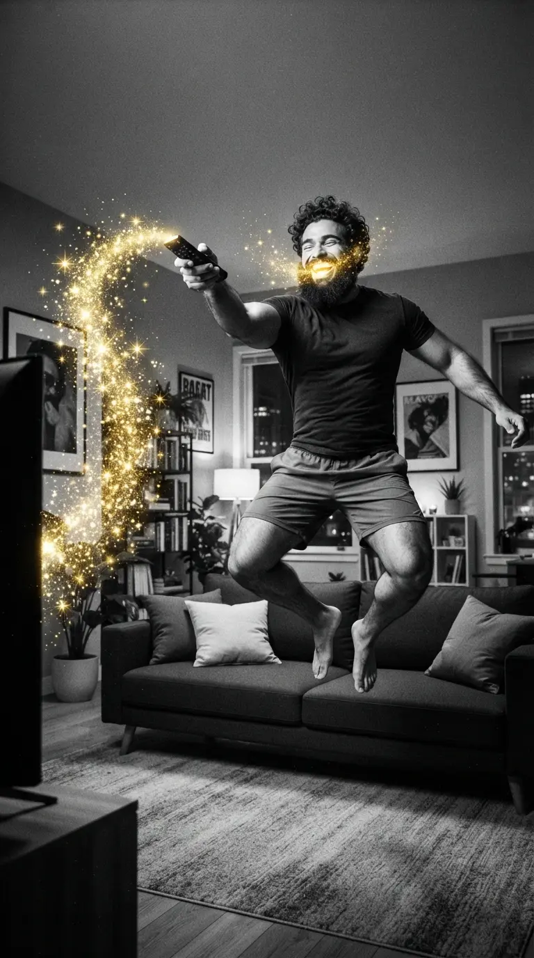 Hombre gay saltando de felicidad frente al televisor, representando el optimismo de verse representado.