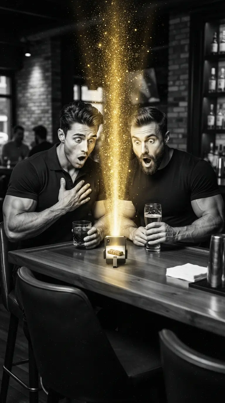 Dos hombres gay compartiendo asombro frente a una pantalla en un bar, símbolo de referencias culturales comunes.