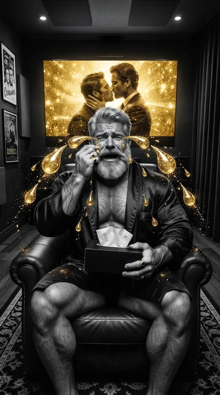 Hombre gay mayor emocionado hasta las lágrimas viendo una escena romántica gay en televisión.