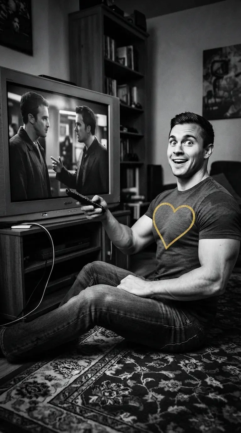 Hombre gay con camiseta de corazón mirando la televisión con expresión de complicidad.