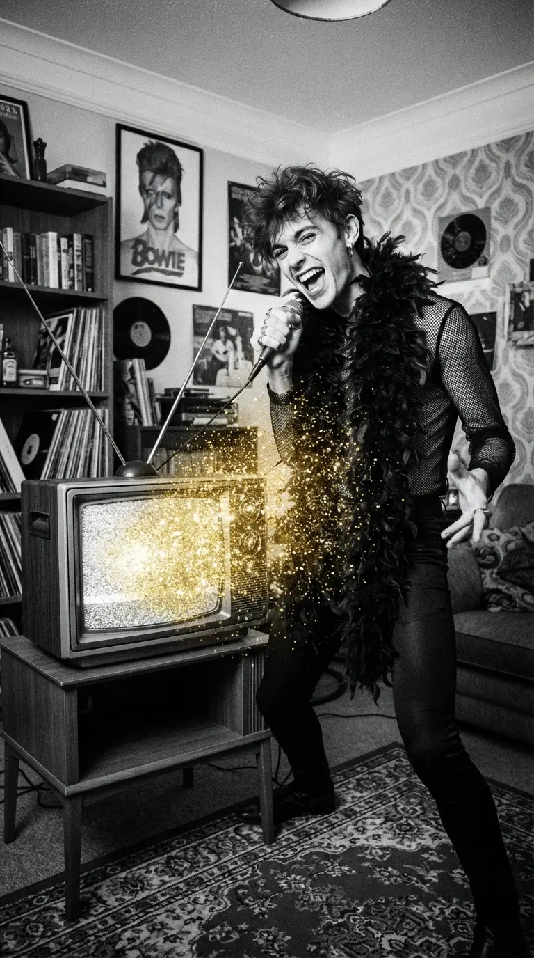 Hombre gay con estética glam rock cantando frente a un televisor vintage, referencia a la cultura pop.