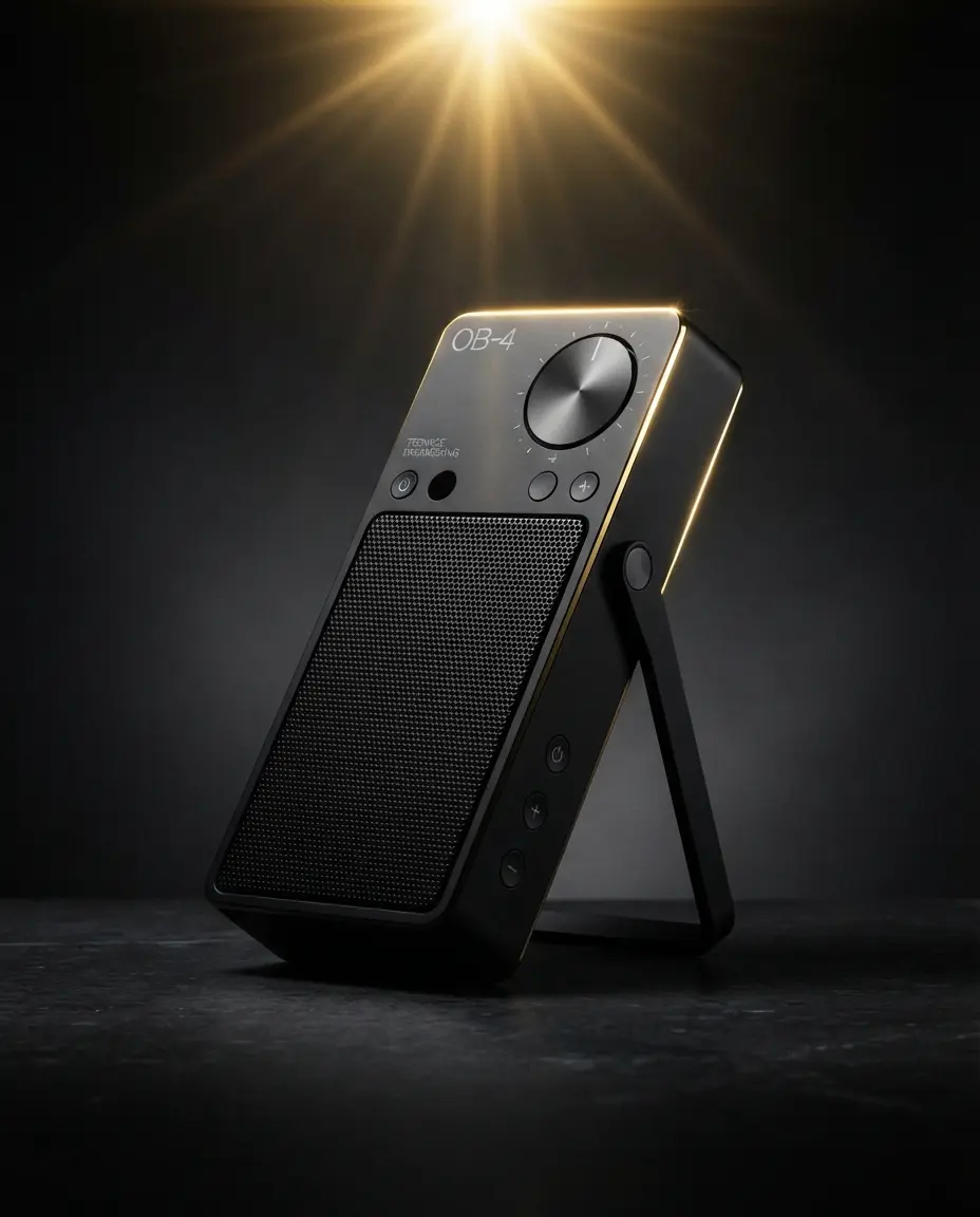 Altavoz portátil negro modelo OB-4 sobre fondo oscuro con iluminación dramática.
