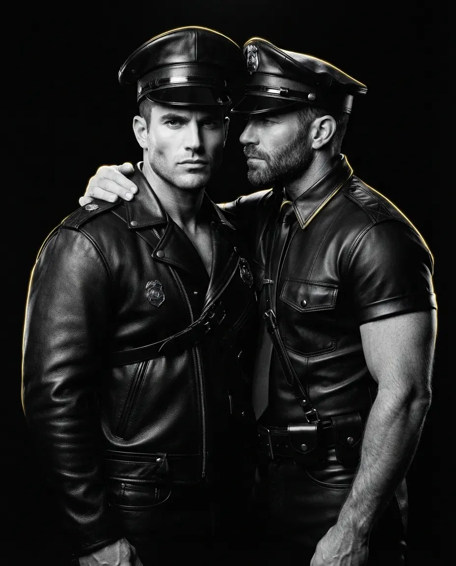 Dos hombres con chaquetas y gorras de cuero negro, uno con el brazo sobre el hombro del otro.