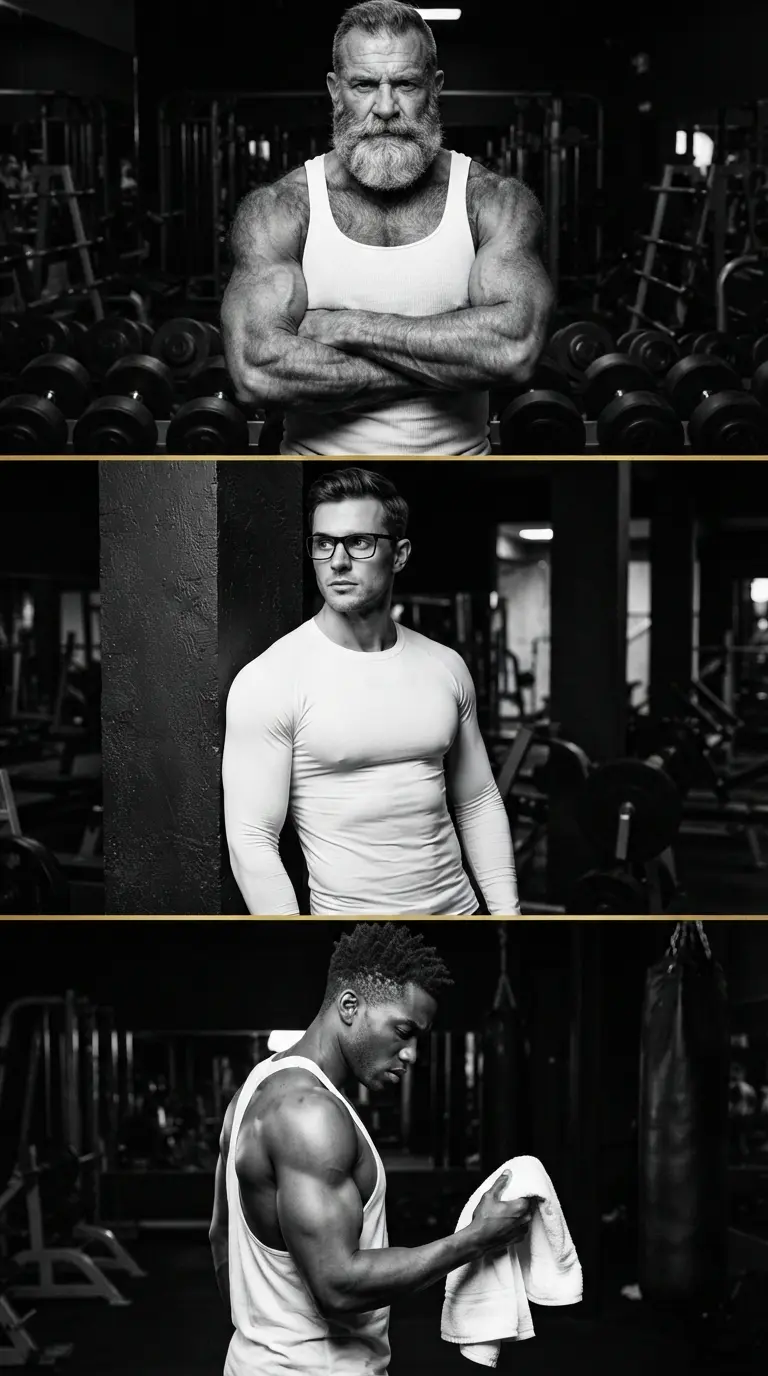 Tres hombres de distintas edades y cuerpos entrenando en el gimnasio.