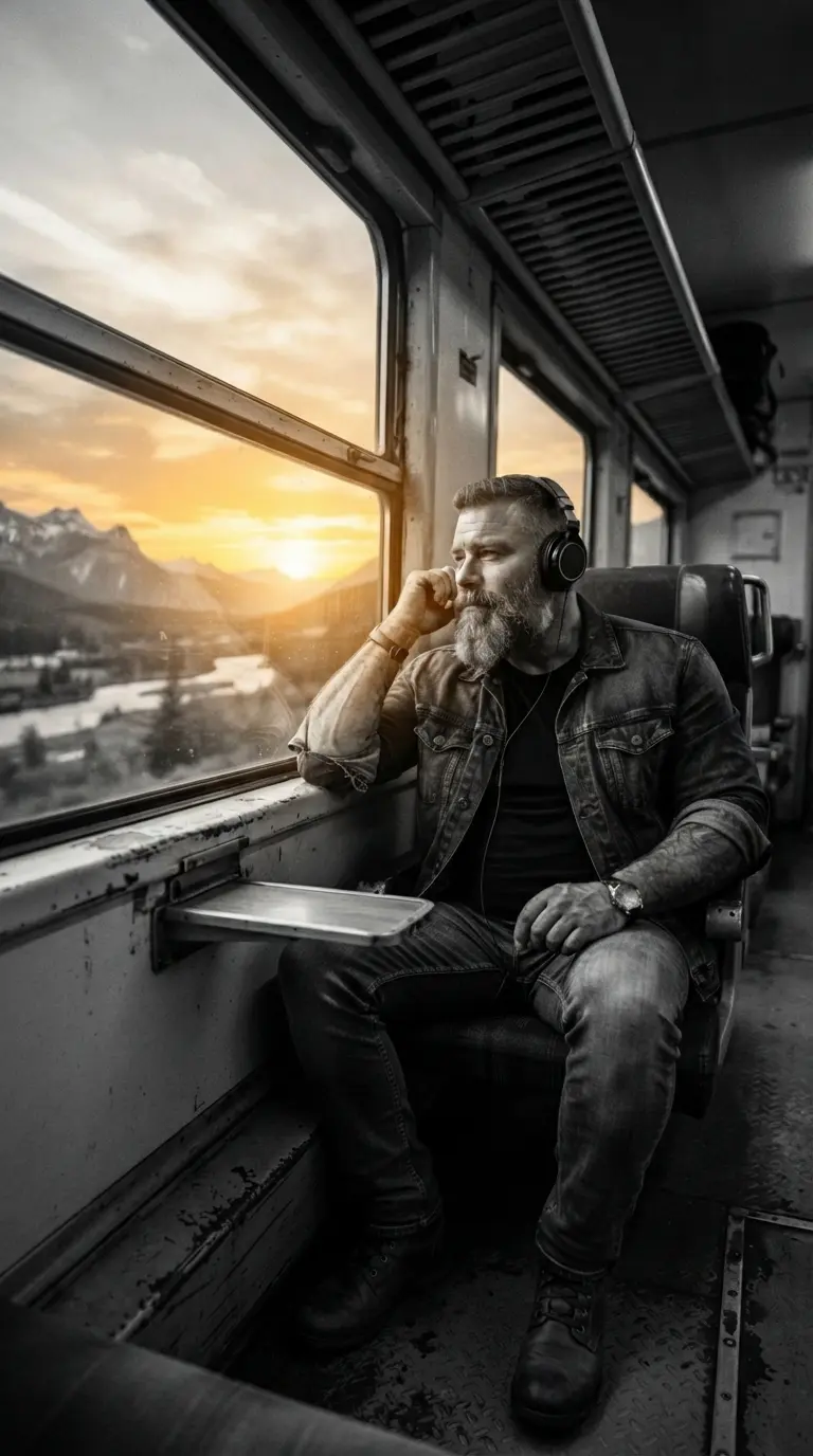 Hombre con barba y auriculares mirando el paisaje desde la ventana de un tren