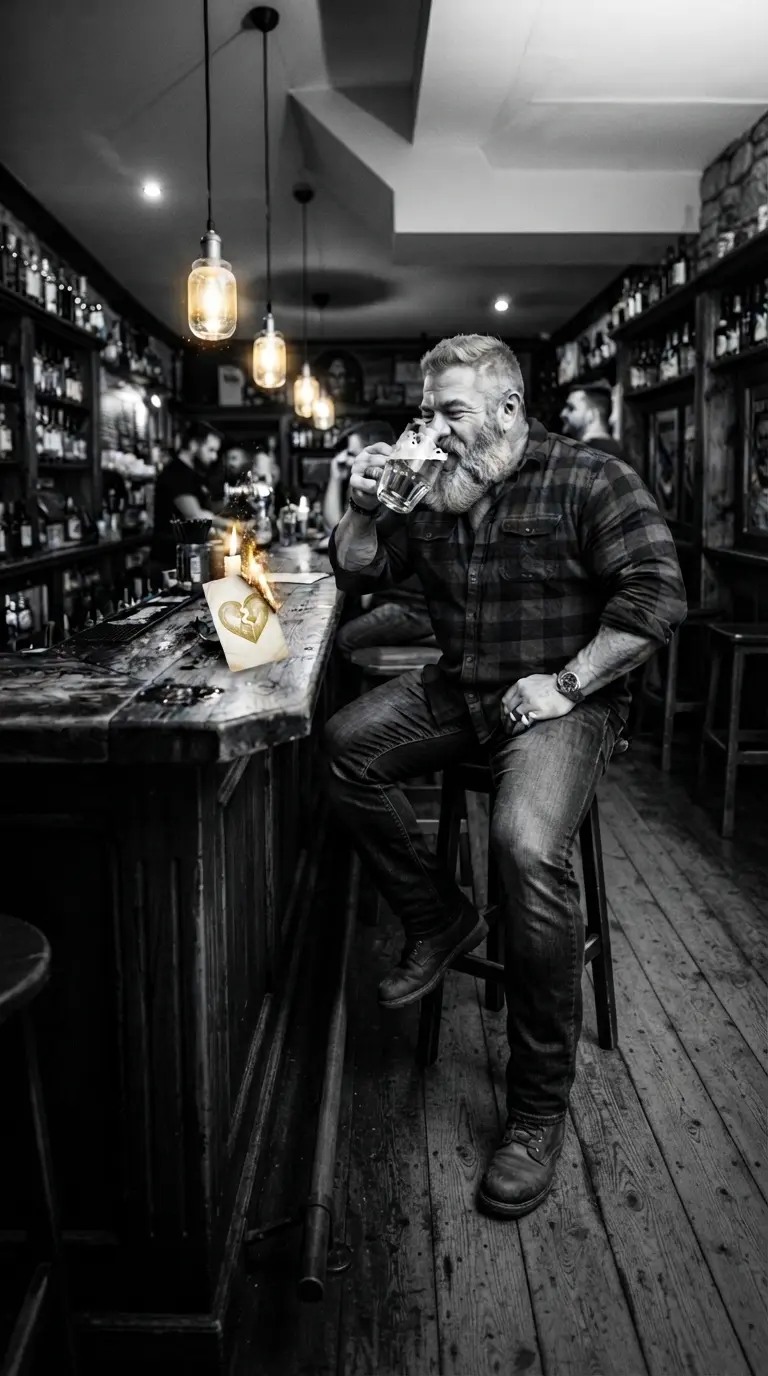 Hombre gay maduro con barba tomando una cerveza solo en un bar.