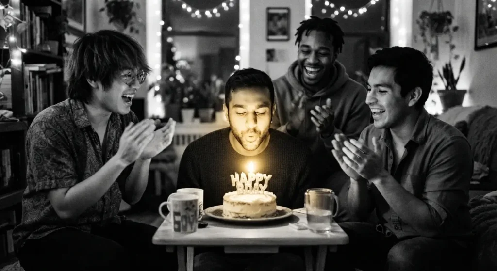 Grupo de cuatro amigos hombres celebrando un cumpleaños con pastel y velas.