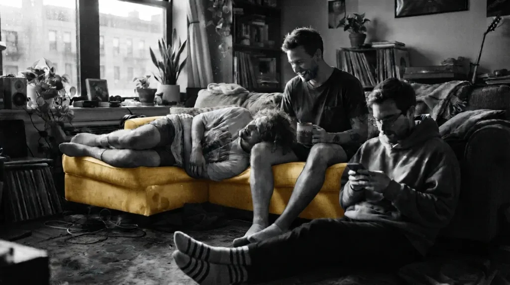 Tres hombres en sofá de apartamento comparten momentos.