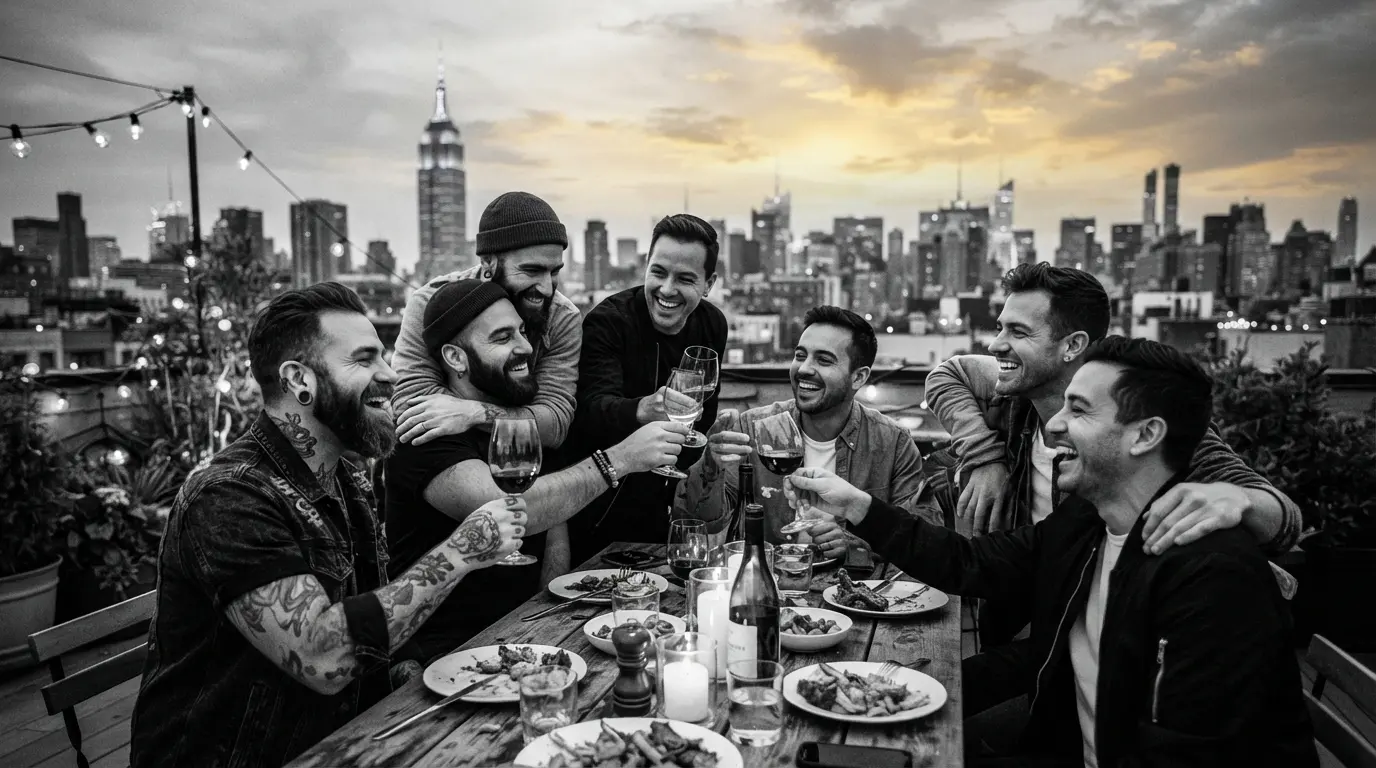 Grupo de hombres disfruta y celebra cena al aire libre en una terraza de la ciudad.