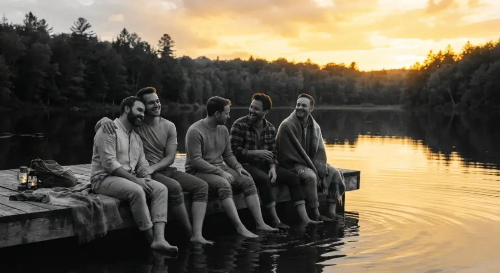 Grupo de amigos hombres sentados en el muelle del lago al atardecer.