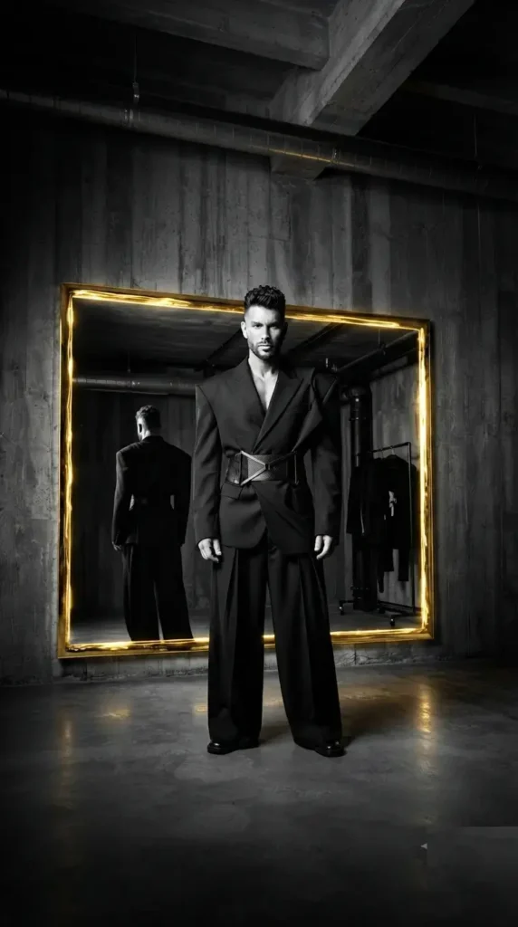 "Hombre gay con estética queer vestido con traje vanguardista negro"