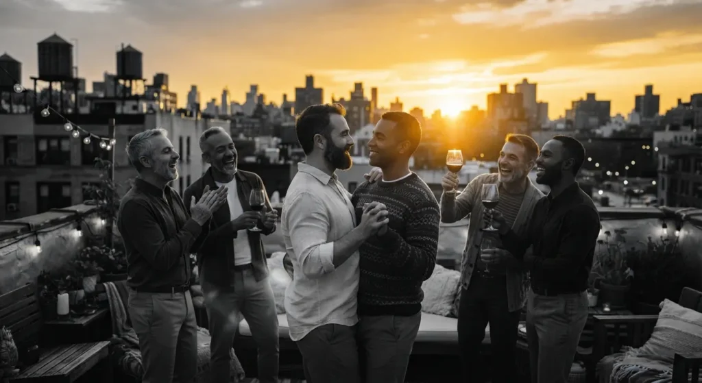 Pareja de hombres gais bailando en terraza al atardecer, acompañados de amigos.
