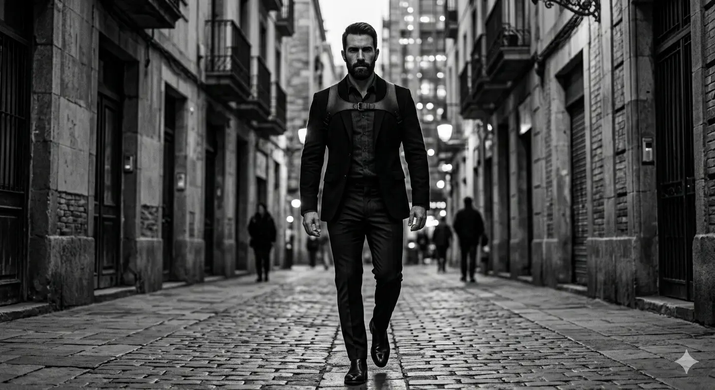 Hombre con arnés de cuero caminando por una calle empedrada de noche.