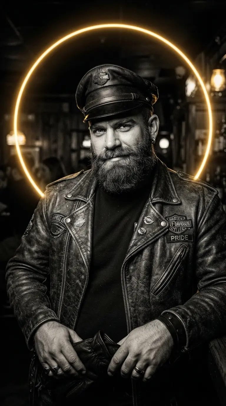 Hombre gay con gorra de cuero, barba poblada y chaqueta motera con parches, estilo leather clásico