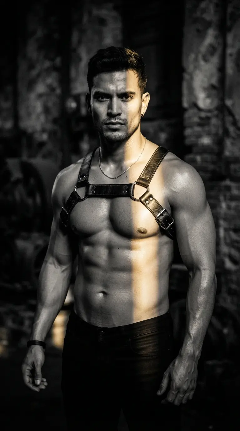 Hombre musculado con torso desnudo usando un arnés de cuero.