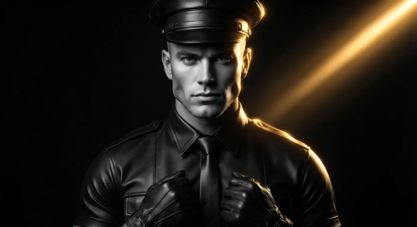 Hombre gay joven con gorra de cuero, mirada seria, estética leather.