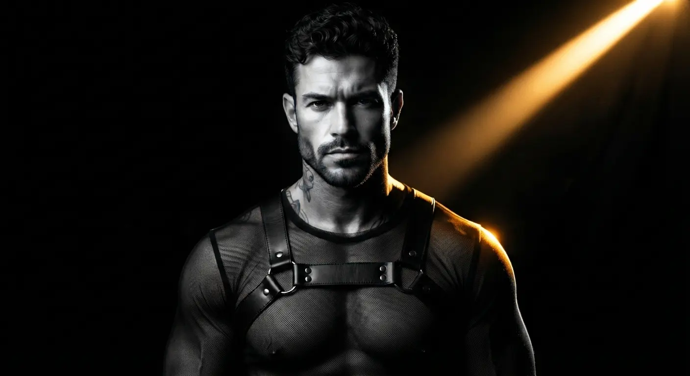 Hombre gay con arnés de cuero sobre camiseta de malla, torso musculoso.