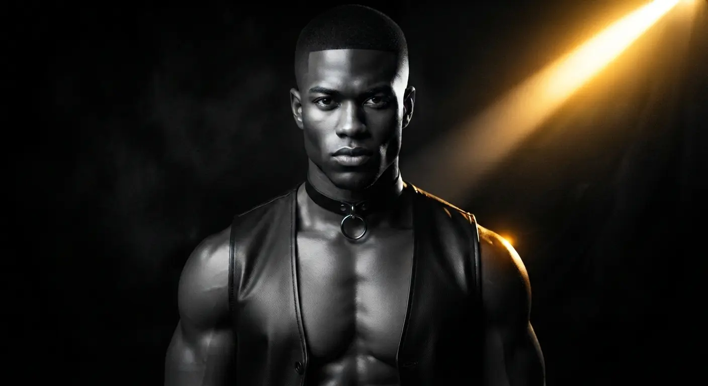 Hombre gay afrodescendiente con chaleco de cuero abierto, torso descubierto.
