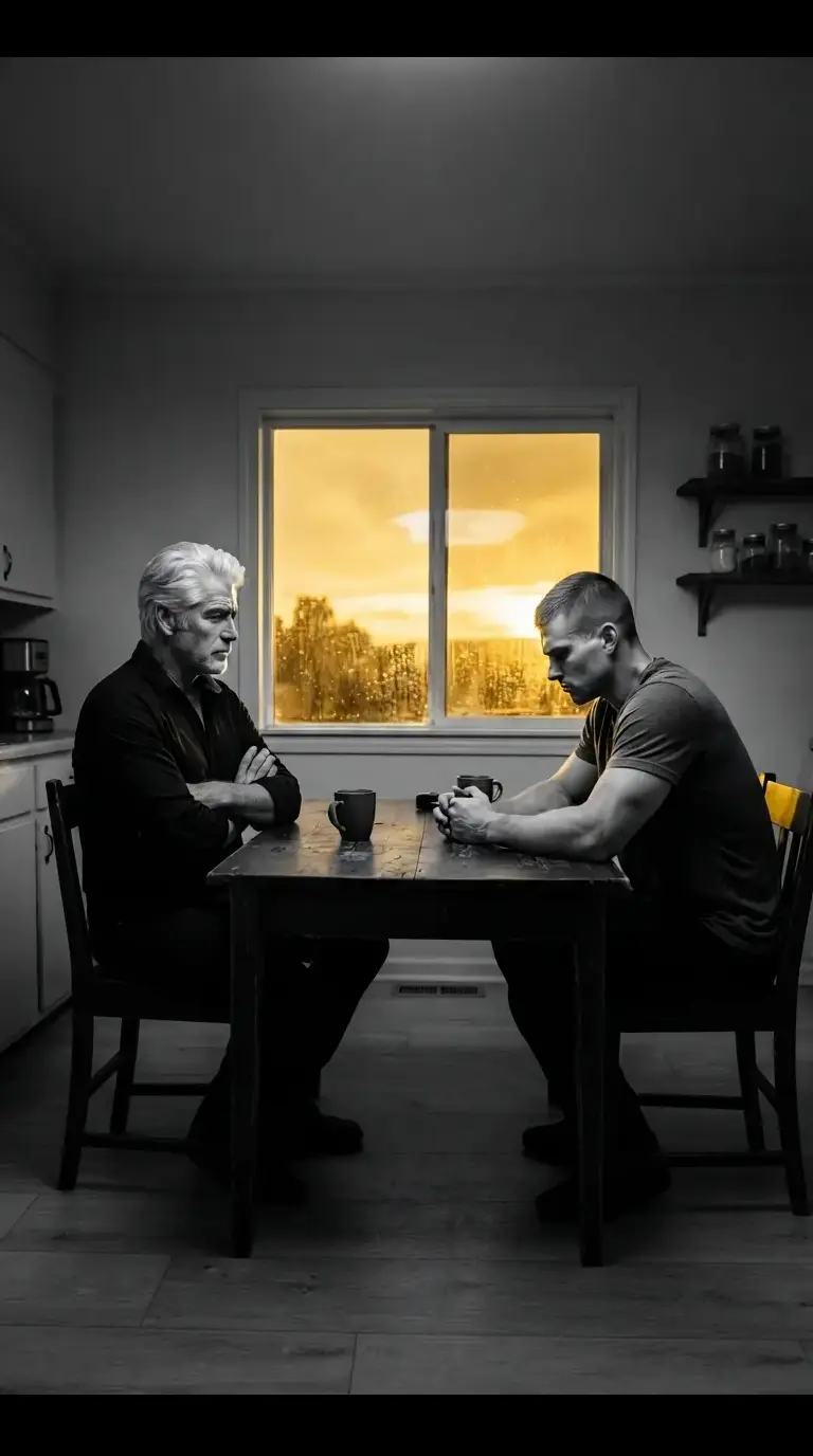 Dos hombres sentados en silencio frente a frente en una mesa de cocina