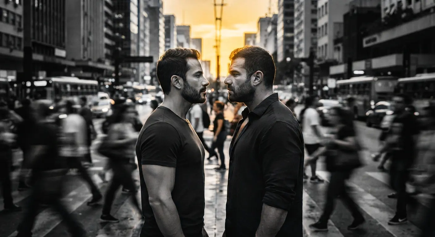 Dos hombres mirándose frente a frente en una calle.