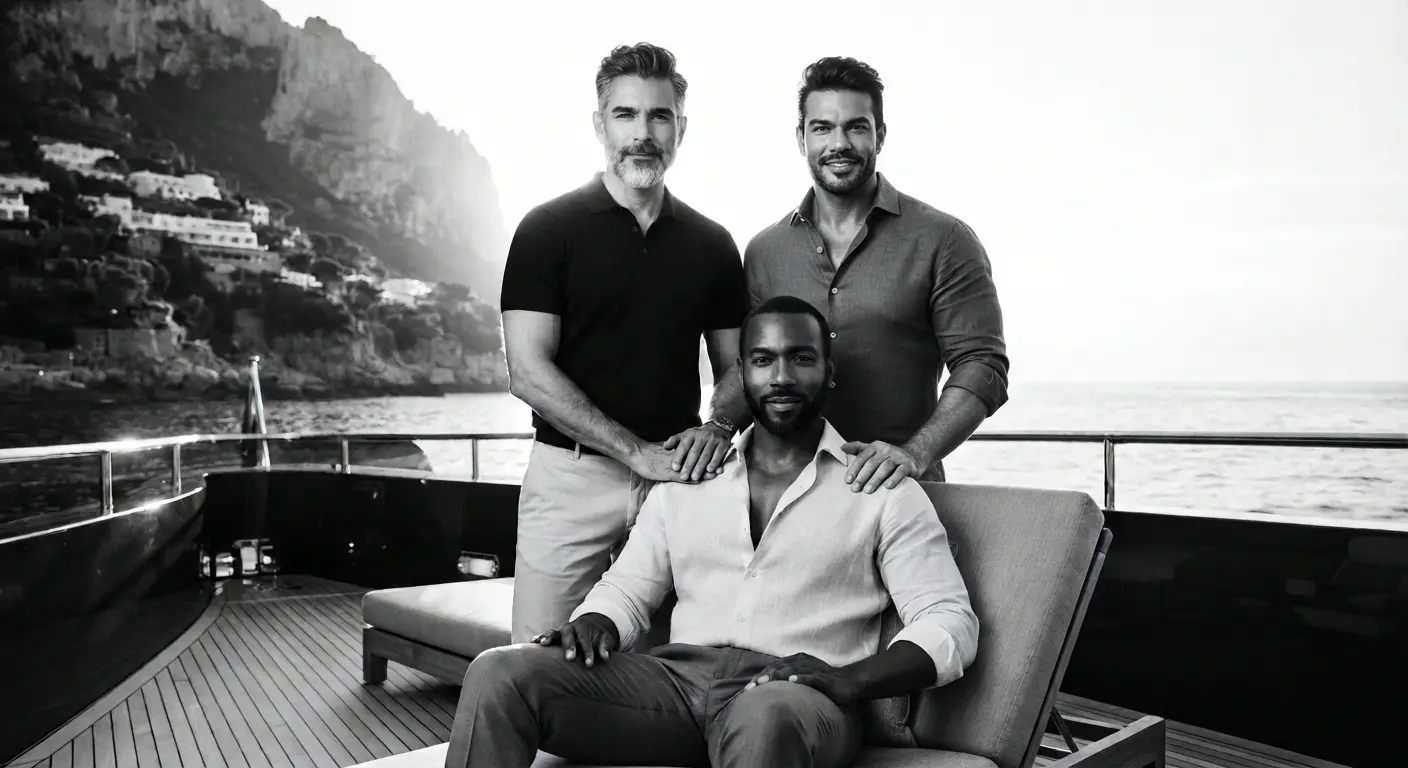 Tres hombres de distintas edades y procedencia posando para la cámara.