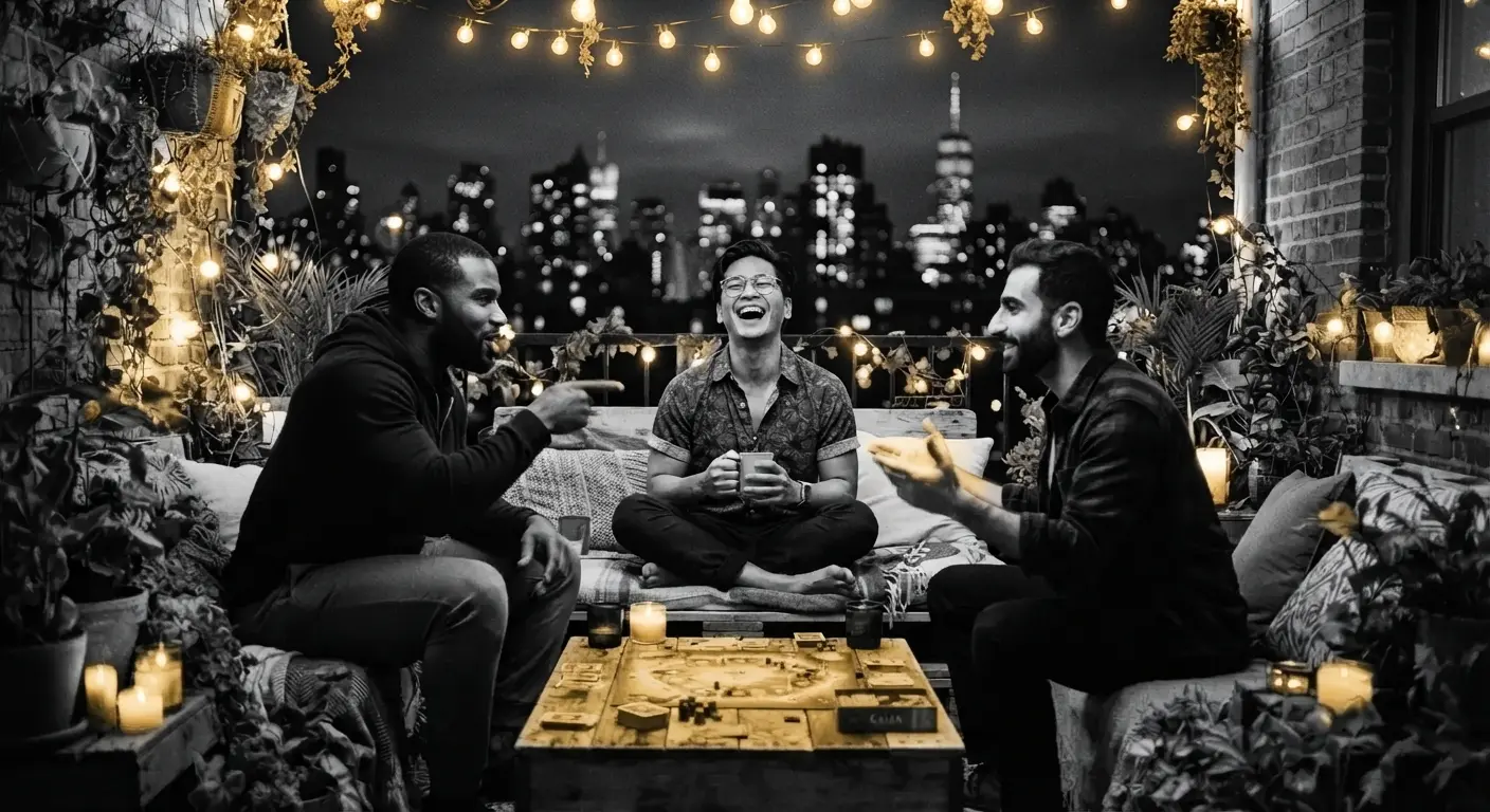 Tres hombres disfrutan un momento en la noche con un juego de mesa.